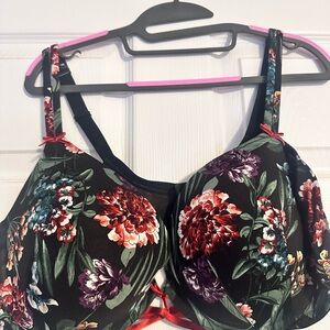 Cacique Boost Plunge Bra 44C Floral Black Red Green Lace Detail